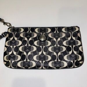 Coach Black Gray Signature Coated Canvas‎ Wristlet Bag Strap AS IS